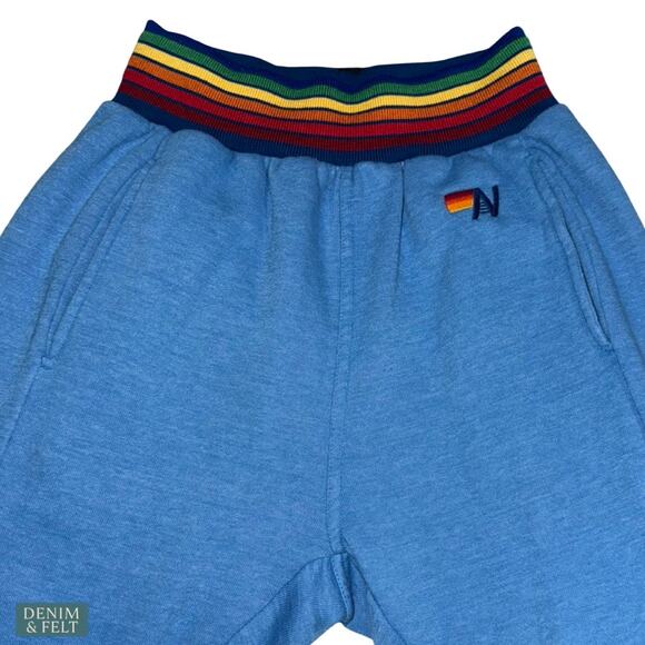 Aviator Nation Rainbow Stripe Sweatpants Blue Retro Coastal Cozy Luxe Joggers SM